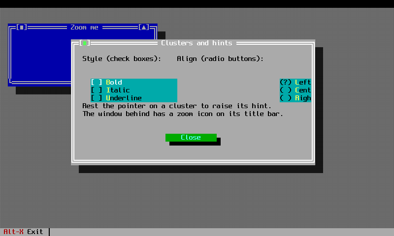 A dialog holding check box and radio clusters, buttons and a framed window behind it