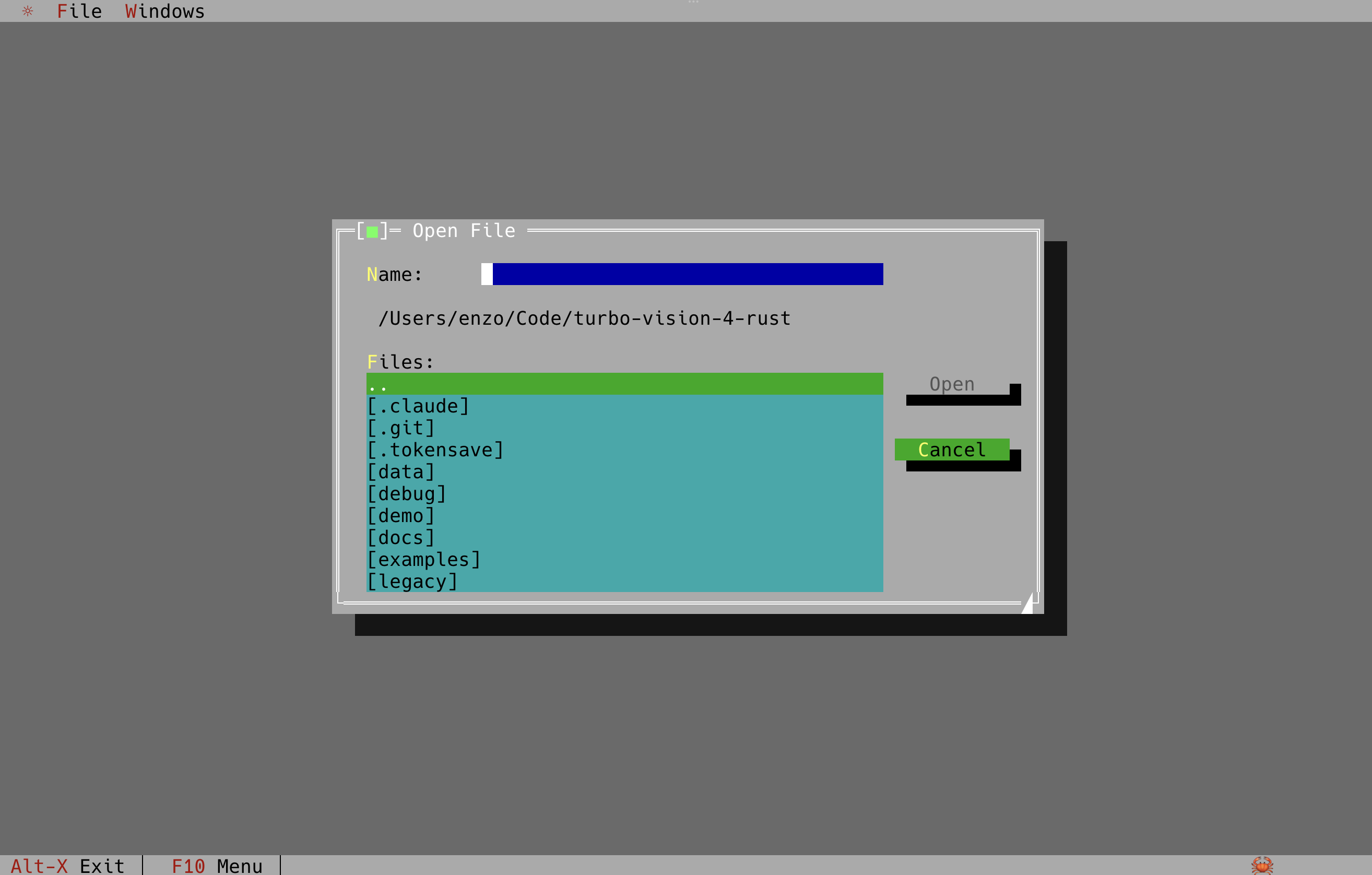 The Open File dialog listing a directory, with Open and Cancel buttons