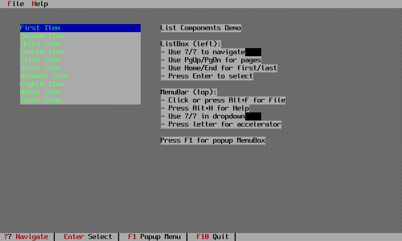 A list box of items beside the instructions pane of the list components demo
