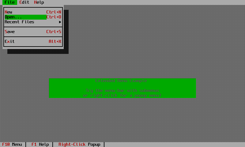 A menu dropped open with items, separators and their key chords