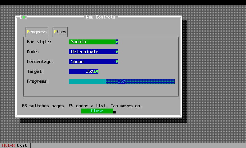 Tabbed pages of new controls, with combo boxes, a spinner and a progress bar
