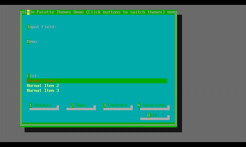 The palette themes demo after switching to the Solarized theme, every control recoloured