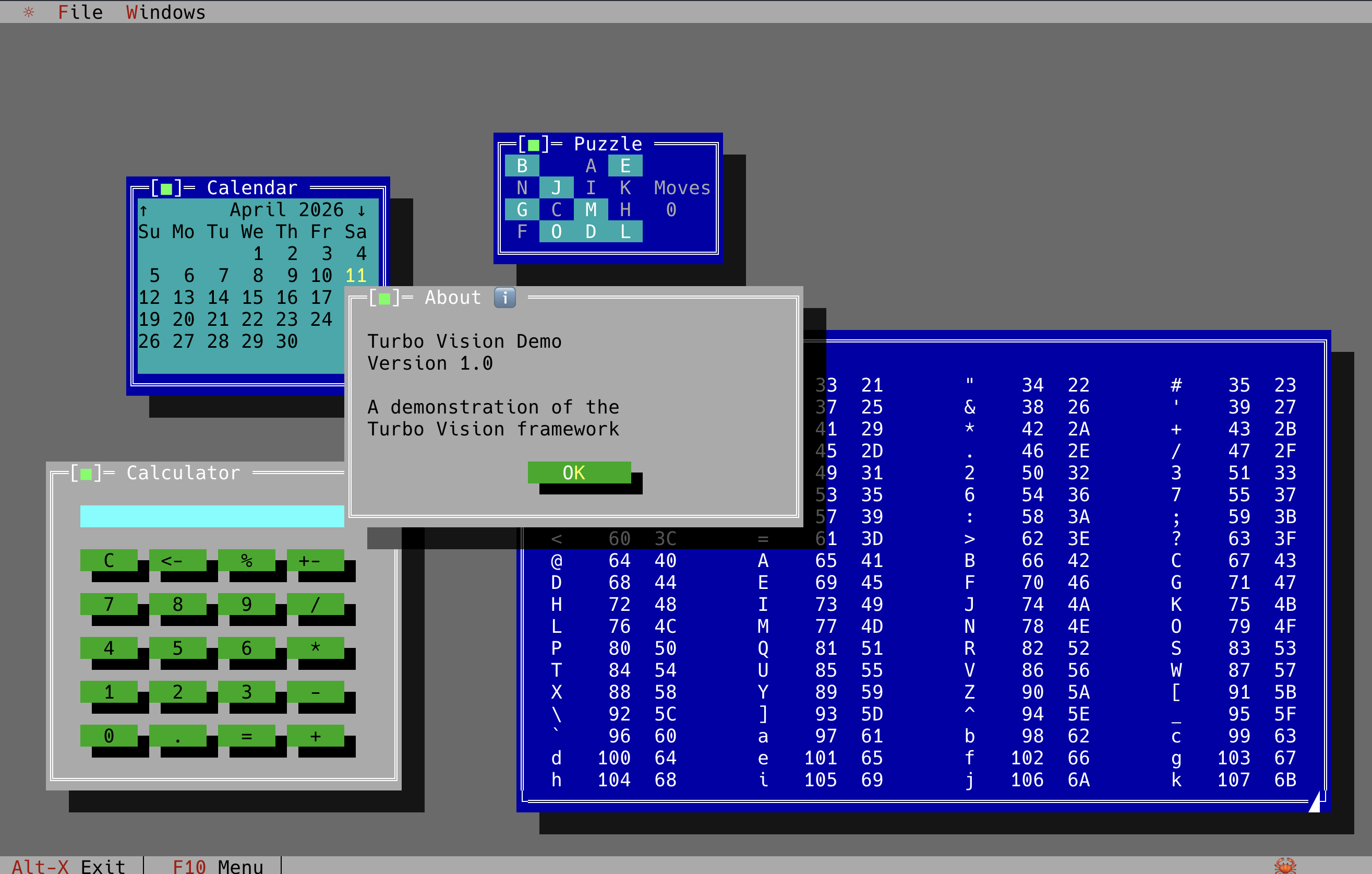 The showcase demo: a calendar, a calculator and an ASCII table overlapping on the desktop, with shadows and z-order