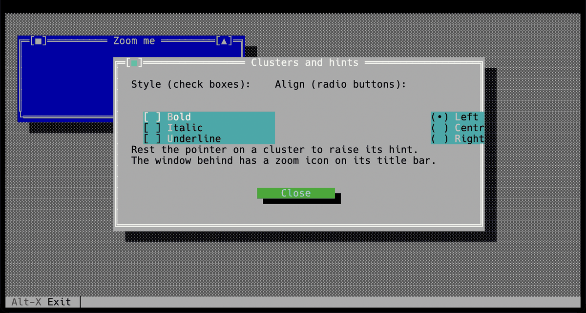 Check box and radio clusters side by side, over a window with a zoom icon
