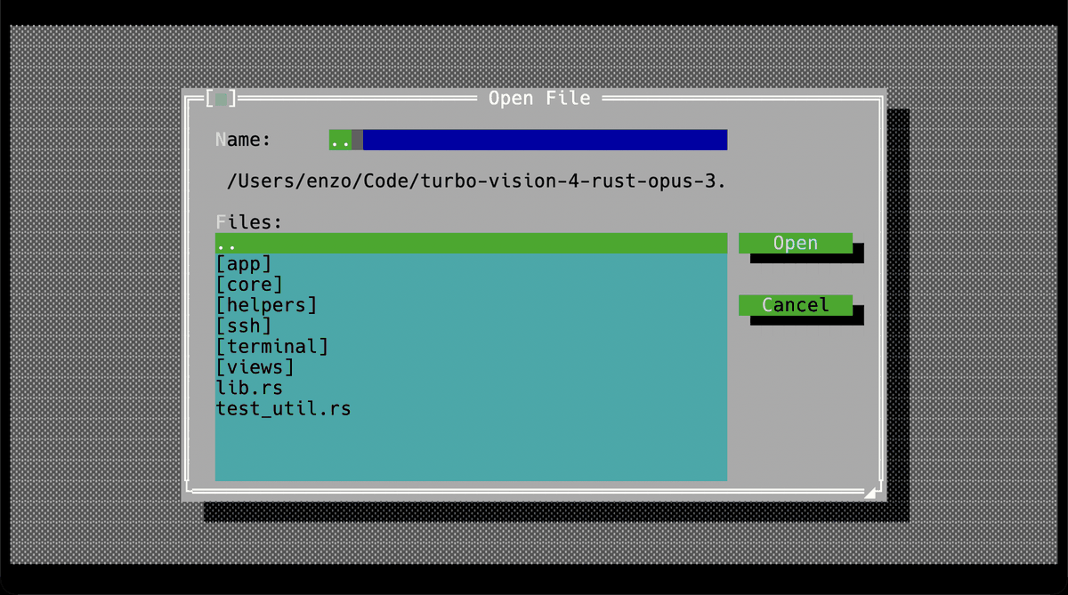 The Open File dialog listing a directory, with Open and Cancel buttons