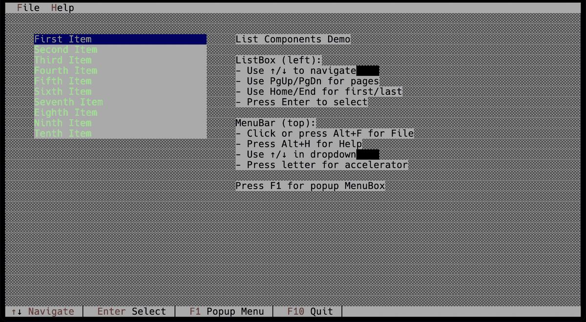 A list box of items beside the instructions pane of the list components demo