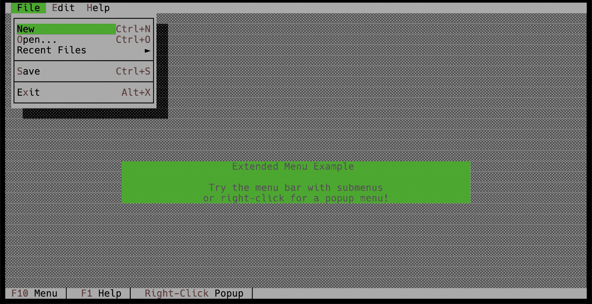 A menu dropped open with items, separators and their key chords