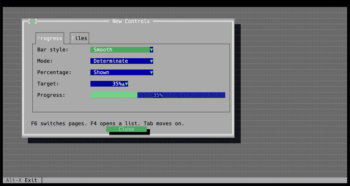 Tabbed pages of new controls, with combo boxes, a spinner and a progress bar