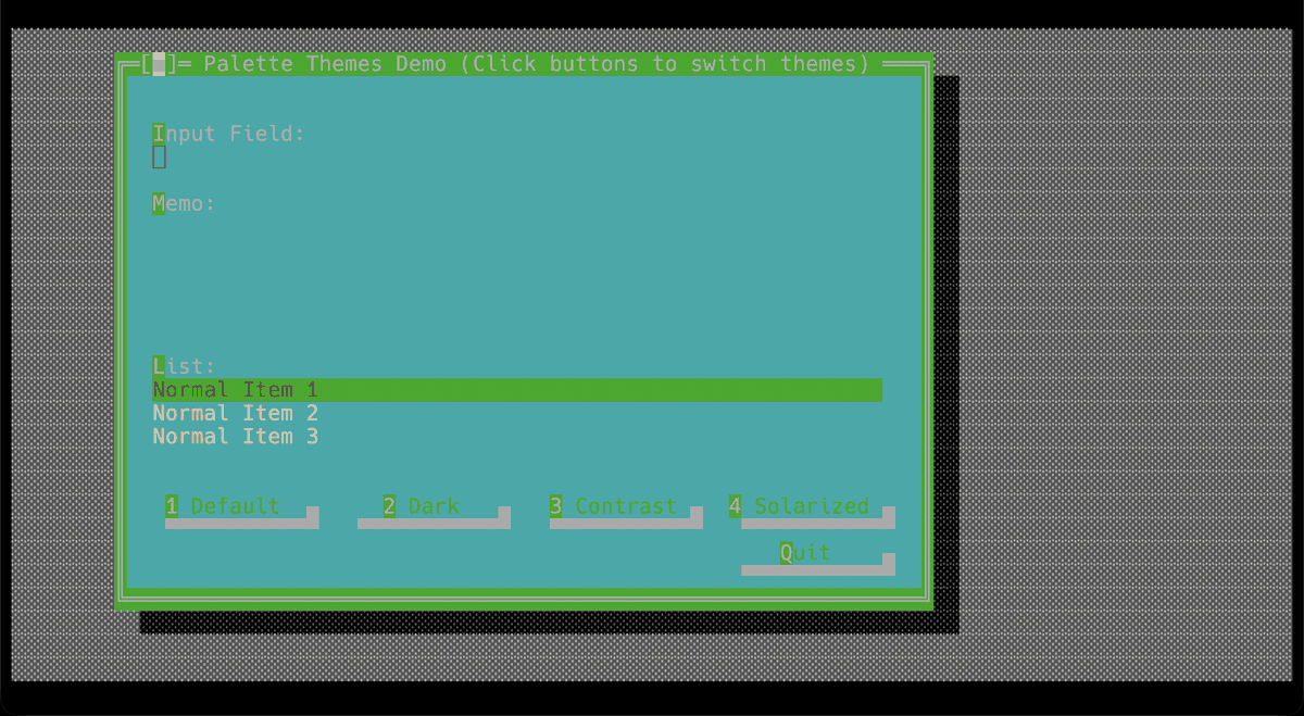 The palette themes demo after switching to the Solarized theme, every control recoloured