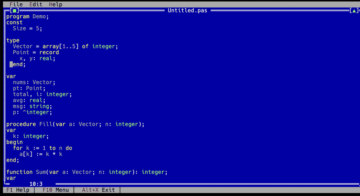 A Pascal source file open in the editor, with syntax highlighting and a breakpoint gutter