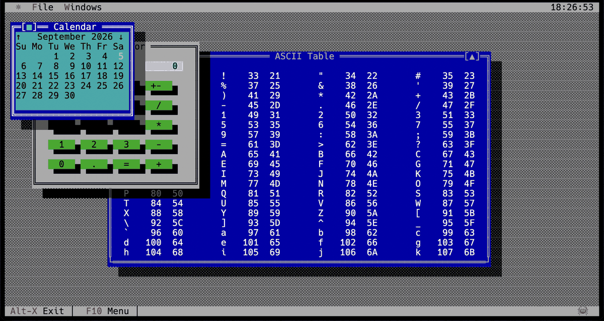The showcase demo: a calendar, a calculator and an ASCII table overlapping on the desktop, with shadows and z-order